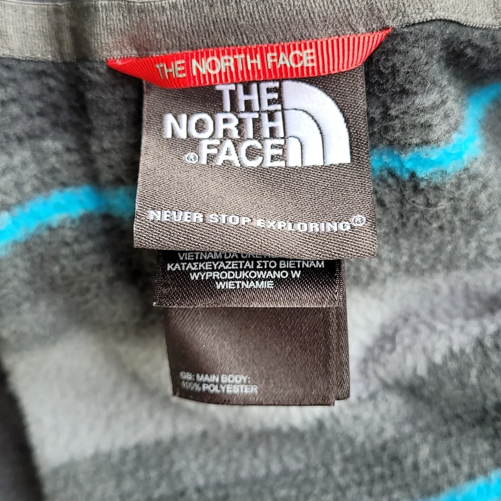 THE NORTH FACE Grey Blue Striped‎ Fleece Polyester Sz L Half Zip Pullover Jacket
